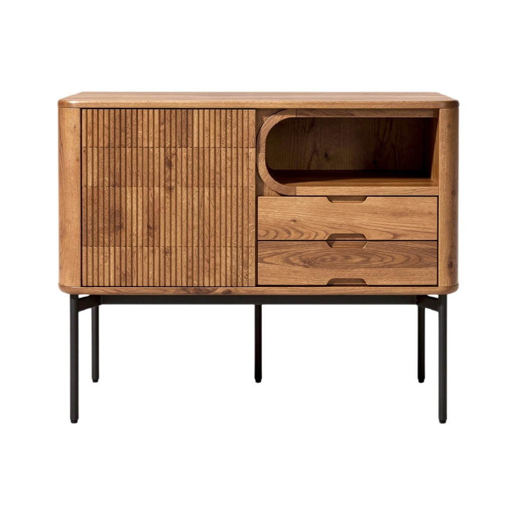 **Technische titel in het Nederlands: Moderne houten kast met lade en open vak**
