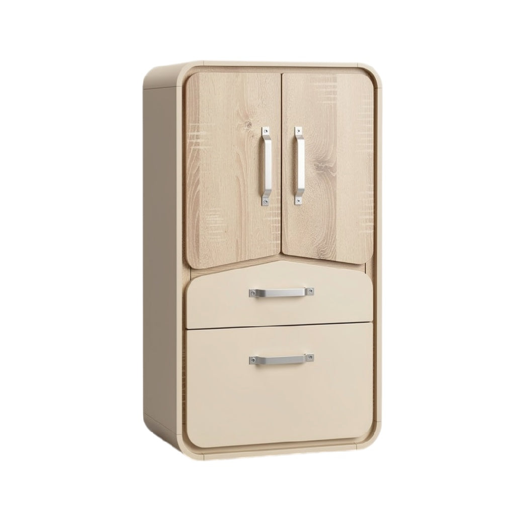 Technische titel in het Nederlands: **Moderne beige keukenkast met houten afwerking en handgrepen**