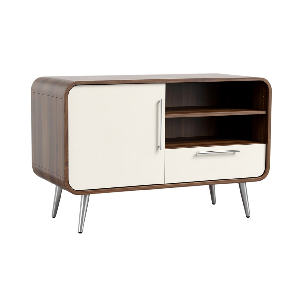 **Moderne TV-kast met houten afwerking en metalen poten**