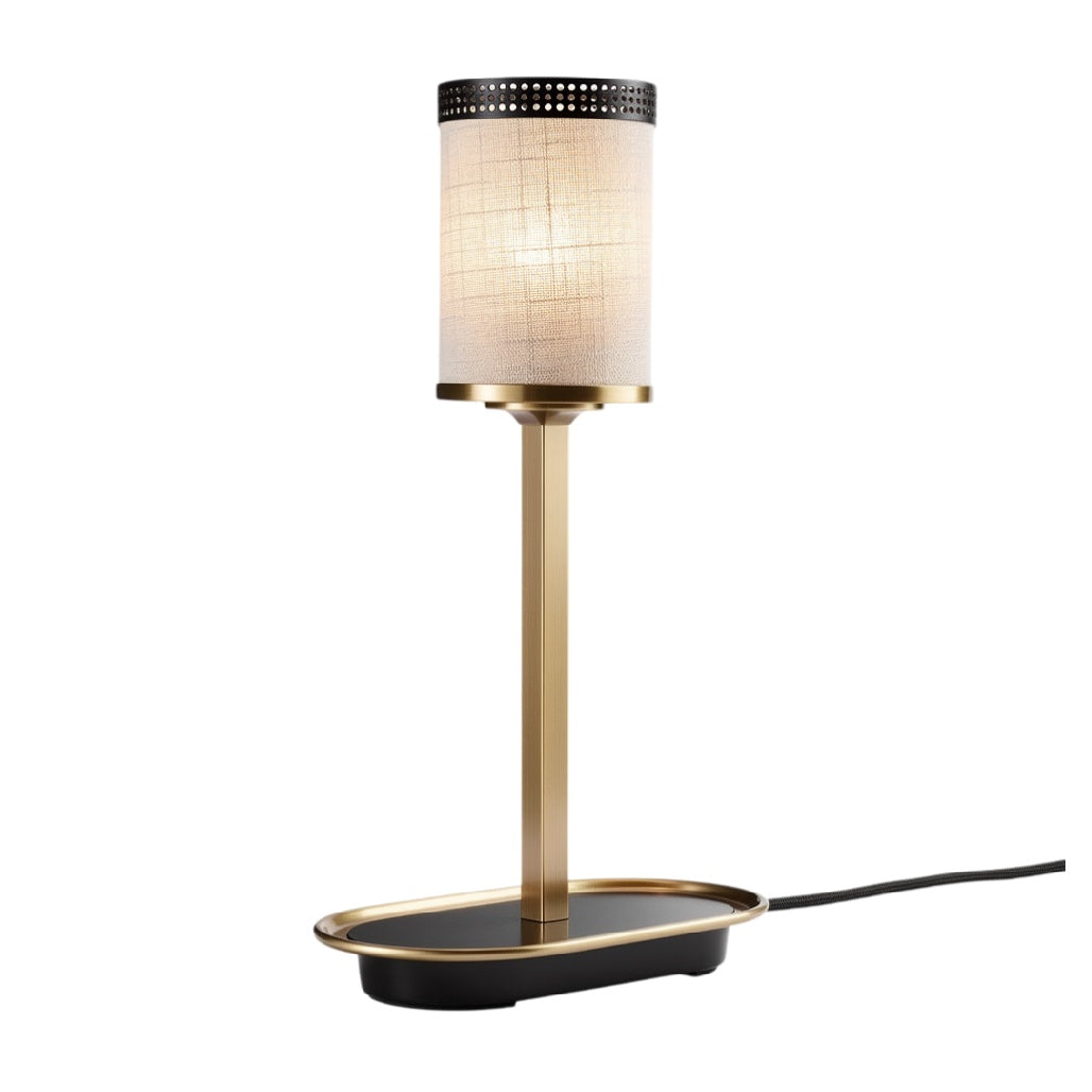 标题：**Moderne Tafellamp met Textiel Scherm en Goudkleurige Basis**