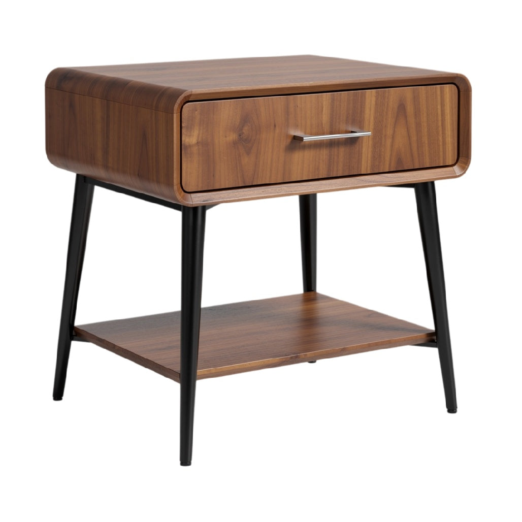 **Technische titel in het Nederlands: Moderne nachttafel met lade van notenhout en zwarte metalen poten**